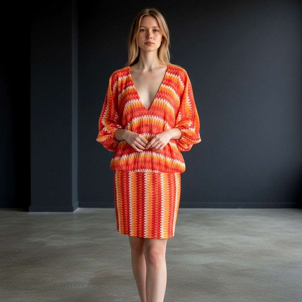 Trina Turk Geometric Stripe Blouson Dress V-Back Coral Orange Yellow Size L/Xl